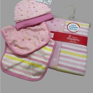 Charming 2 white onesies long sleeve 2 Pink Baby Bibs 2 hats and 2 Blanket Set